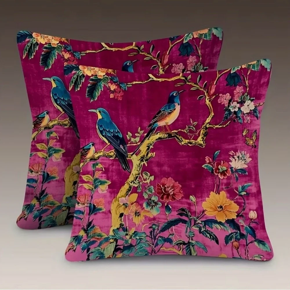 NWT Set of Two (2) Bird Floral Pillow Covers 18x18 Vintage Cottagecore Zipper